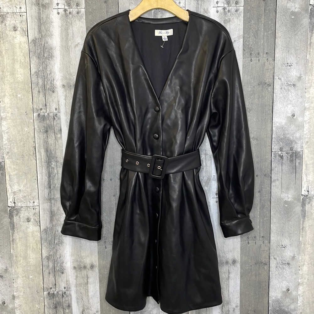 NWT  She + Sky faux leather long sleeve button down dress with belt. Size large.